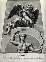 Astronomy; Diana, as Moon goddess, an angel above looking he Wellcome V0024874.jpg