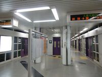 Платформа станции Хигасияма с установленными платформенными раздвижными дверьми и уложенным тактильным покрытием.