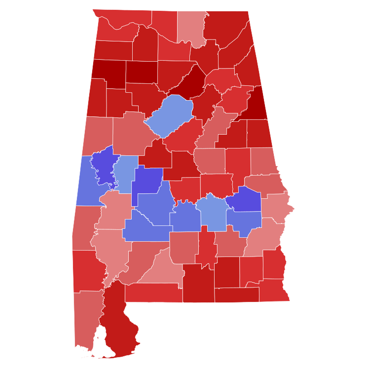 2022 United States Senate election in Alabama results map by county.svg
