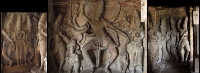Dancing Shiva with Matrikas. Ravana Phadi, Aihole.jpg