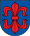 A coat of arms depicting a large, red fleur-de-lis that has a horizontal symmetry axis all on a blue background bordered by a black line