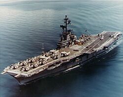 USS Ticonderoga (CVS-14) passing through Sunds Strait on 24 April 1971 (NH 97488-KN).jpg