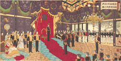 Adachi Ginkō (1889) View of the Issuance of the State Constitution in the State Chamber of the New Imperial Palace (cropped and rotated).jpg