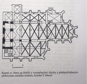 Храм Святого Петра с означенными остатками а возможными планами прежнего храма. Рисунок Ф. Менцл