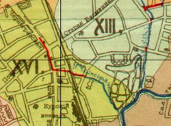 Черногрязка на карте 1912 года (в центре). Красным выделен коллектор; справа&nbsp;— Чечёра. Широкая река в правом нижнем углу&nbsp;— Яуза