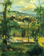 Village derrière des arbres, Île-de-France, par Paul Cézanne, Yorck.jpg