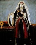 Georgian woman with Lechaki (Georgian woman with tambourine). Oil on oilcloth. 130X105 cm. Private collection.jpg