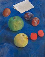 Fruits at the blue tablecloth by Petrov-Vodkin (1921, GRM).jpg