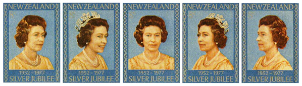 Королева Елизавета II в бриллиантовой диадеме Георга IV на серии марок Новой Зеландии, посвящённой «серебряному юбилею» (25-летию её пребывания на троне), 1977 год.