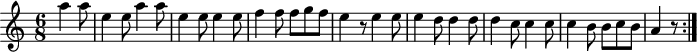 \header { tagline = ##f }
theme = {
\relative a'' {
\tempo 4. = 140
\time 6/8
\key a \minor
\set Staff.midiInstrument = #"acoustic guitar (nylon)"
\repeat volta 2 {
\partial 4. a4 a8 e4 e8 a4 a8 e4 e8 e4 e8 f4 f8 f g f e4 r8 e4 e8 e4 d8 d4 d8 d4 c8 c4 c8 c4 b8 b c b a4 r8
}
}
}
\score {
\theme
\layout {
\context {
\Score
\remove "Metronome_mark_engraver"
}
}
}
\score { % MIDI
\unfoldRepeats
\theme
\midi {}
}