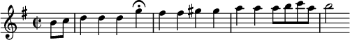 \relative a' {
\set Staff.midiInstrument = #"recorder"
\set Score.tempoHideNote = ##t
\tempo 4 = 145
\key g \major
\time 2/2
\partial 4
b8 c
d4 d d g\fermata fis fis gis gis a a a8 b c a b2 }