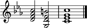 {
\new Staff \with{ \magnifyStaff #3/2 \remove "Time_signature_engraver" } \relative c' {
\key c \minor \clef treble
<d f aes c>2 <g, d' f b> | <c ees g c>1 \bar "|."
} }