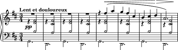 \new PianoStaff <<
\new Staff <<
\new Voice \relative c'' {
\clef treble \key d \major \time 4/4
\tempo "Lent et douloureux"
\voiceOne R2. R2. R2. R2. r4 fis( a g fis cis b cis d a2.)
}
\new Voice \relative c' {
\override DynamicLineSpanner.staff-padding = #2
\voiceTwo \stemUp \crossStaff { \override Stem.length = #7 r4\pp <d fis>2 r4 <cis fis>2 r4 <d fis>2 r4 <cis fis>2 r4 <d fis>2 r4 <cis fis>2 r4 <d fis>2 r4 <cis fis>2 }
}
\new Voice \relative c' {
\dynamicUp s2. s2. s2. s2. s4 s2\< s2. s2 s4\!\> s2 s4\!
}
>>
\new Staff <<
\new Voice \relative c' {
\clef bass \key d \major \time 3/4
\voiceOne \stemUp \override Stem.length = #8 s4 \crossStaff { b2 s4 a2 s4 b2 s4 a2 s4 b2 s4 a2 s4 b2 s4 a2 }
}
\new Voice \relative c {
\voiceTwo g2. d g d g d g d
}
>>
>>