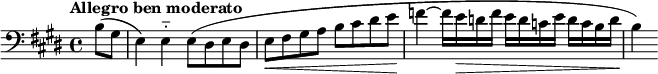 \relative c' { \set Staff.midiInstrument = #"bassoon"
\tempo "Allegro ben moderato"
\tempo 4 = 116
\clef bass
\key e \major
\time 4/4
\partial4 b8( gis e4) e-_ e8( dis e dis e\< fis gis a b cis dis e\! f4~f16 e\> d f e d c e d c b d\! b4)
}