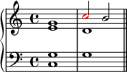 \new PianoStaff <<
\new Staff <<
\new Voice \relative c'' {
\stemUp \clef treble \key c \major \time 4/4
g1 \once \override NoteHead.color = #red c2 b
}
\new Voice \relative c' {
\stemDown
e1 d
}
>>
\new Staff <<
\new Voice \relative c' {
\clef bass \key c \major \time 4/4
\stemUp g1 s
}
\new Voice \relative c {
\clef bass \key c \major \time 4/4
\stemDown c1 g' \bar "||"
}
>>
>>