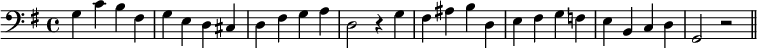 
  \new Staff {
  \key g \major
    \new Voice = "right" {
      \relative c' { \clef "bass" g4 c b fis g e d cis d fis g a d,2 r4 g fis ais b d, e fis g f e b c d g,2 r \bar "||"
      }
    }
  }
