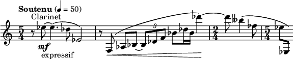 
  \relative c'' { \clef treble \time 5/4 \tempo "Soutenu" 4 = 50 r8^"Clarinet" ees~\mf_"expressif" ees4.( des8 ees,2) | r8 f,(\< aes bes~ \times 2/3 {bes des f} bes des16 bes des'4)~\! | \time 2/4 des8 beses4( fes8 | \time 5/4 ees ees,,) }
