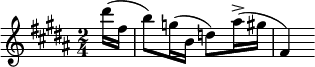 \relative c''
{
\clef treble \key b \major \time 2/4 \partial 16*2 dis'16( fis, b8) g16( b, d8) ais'16->( gis fis,4)
}