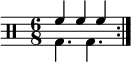 \new Staff <<
\new voice \relative c' {
\clef percussion
\time 6/8
\set Score.tempoHideNote = ##t \tempo 4. = 80
\stemDown \repeat volta 2 { g4. g }
}
\new voice \relative c' {
\stemUp \repeat volta 2 { f4 f f }
}
>>