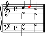 \new PianoStaff <<
\new Staff <<
\new Voice \relative c'' {
\stemUp \clef treble \key c \major \time 4/4
c4 \once \override NoteHead.color = #red d b2
}
\new Voice \relative c' {
\stemDown
e2 d
}
>>
\new Staff <<
\new Voice \relative c {
\clef bass \key c \major \time 4/4
<c g'>2 g' \bar "||"
}
>>
>>