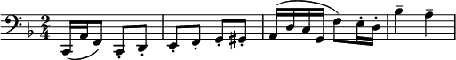 \relative c
{
\clef bass \key f \major \time 2/4 c,16( a' f8) c-. d-. e-. f-. g-. gis-. a16( d c g f'8) e16-. d-. bes'4-- a--
}