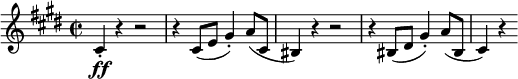 \relative c' {
\key cis \minor \time 2/2
\set Score.tempoHideNote = ##t \tempo 2 = 132
\set Staff.midiInstrument = "violin"
cis4-.\ff r4 r2 |
r4 cis8(e gis4-.) a8(cis, |
bis4) r4 r2 |
r4 bis8(dis gis4-.) a8(bis, |
cis4) r4
}