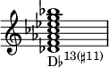  {
\override Score.TimeSignature #'stencil = ##f
\relative c' {
   \clef treble
   \time 4/4
   \key c \major
   \textLengthOn
   <des f aes ces es g bes>1_\markup { \concat { "D♭" \raise #1 \small { "13(♯11)" } } }
} }
