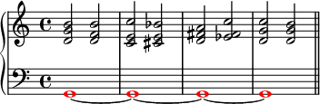 \new PianoStaff <<
\new Staff <<
\new Voice \relative c' {
\clef treble \key c \major \time 4/4
<d g b>2 <d f b> <c e c'> <cis e bes'> <d fis a> <es fis c'> <d g c> <d g b>
}
>>
\new Staff <<
\relative c {
\clef bass \key c \major \time 4/4
\override NoteHead.color = #red g1~ g~ g~ g \bar "||"
}
>>
>>