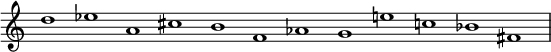 {
\set Score.tempoHideNote = ##t
\tempo 1 = 72
\omit Staff.TimeSignature
\time 12/1 d''1 ees'' a' cis'' b' f' aes' g' e'' c'' bes' fis'
}