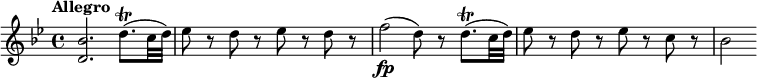 \relative c'' {
\override Score.NonMusicalPaperColumn #'line-break-permission = ##f
\key bes \major
\tempo "Allegro"
<bes d,>2. d8.\trill( c32 d) |
es8 r d r es r d r |
f2\fp( d8) r d8.\trill( c32 d) |
es8 r d r es r c r |
bes2
}