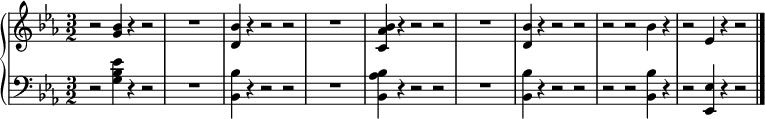 { \new PianoStaff << \new Staff \relative c'' { \clef treble \key ees \major \time 3/2 r2 <bes g>4 r r2 | R1. | <bes d,>4 r r2 r | R1. | <bes aes c,>4 r r2 r | R1. | <bes d,>4 r r2 r | r r bes4 r | r2 ees,4 r r2 \bar "|." } \new Staff \relative c' { \clef bass \key ees \major \time 3/2 r2 <ees bes g>4 r r2 | R1. | <bes bes,>4 r r2 r | R1. | <bes aes bes,>4 r r2 r | R1. | <bes bes,>4 r r2 r | r r <bes bes,>4 r | r2 <ees, ees,>4 r r2 \bar "|." } >> }