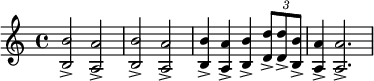 {
<b b'>2\accent <a a'>\accent
<b b'>\accent <a a'>\accent
<b b'>4\accent <a a'>\accent <b b'>\accent \times 2/3 { <d' d''>8\accent <d' d''>\accent <b b'>\accent }
<a a'>4\accent <a a'>2.\accent
}