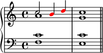 \new PianoStaff <<
\new Staff <<
\new Voice \relative c'' {
\clef treble \key c \major \time 4/4
\voiceOne c2 \override NoteHead.color = #red b4 d \override NoteHead.color = #black c1
}
\new Voice \relative c'' {
\voiceTwo a1 g
}
>>
\new Staff <<
\relative c {
\clef bass \key c \major \time 4/4
<f c'>1 <e c'> \bar "||"
}
>>
>>