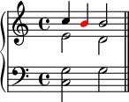 \new PianoStaff <<
\new Staff <<
\new Voice \relative c'' {
\stemUp \clef treble \key c \major \time 4/4
c4 \once \override NoteHead.color = #red b b2
}
\new Voice \relative c' {
\stemDown
e2 d
}
>>
\new Staff <<
\new Voice \relative c {
\clef bass \key c \major \time 4/4
<c g'>2 g' \bar "||"
}
>>
>>