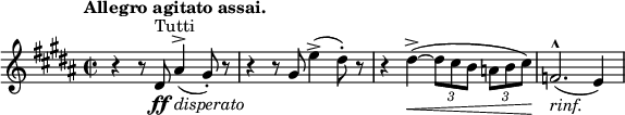 \relative c' { \set Staff.midiInstrument = #"string ensemble 2" \set Score.tempoHideNote = ##t \tempo "Allegro agitato assai." 2 = 100 \time 2/2 \key b \major r4 r8 dis8\ff^\markup { Tutti } ais'4^>_\markup { \italic disperato }( gis8-.) r8 | r4 r8 gis8 e'4->( dis8-.) r8 | r4 dis4^>~(\< \times 2/3 { dis8[ cis b] } \times 2/3 { a[ b cis)]\! } | f,2.^^_\markup { \italic rinf. }( e4) }