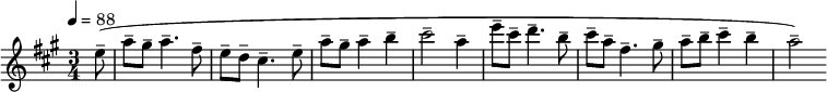 \relative c'' { \set Staff.midiInstrument = #"flute"
\tempo 4 = 88
\key a \major
\time 3/4
\partial8 e8--( a-- gis-- a4.-- fis8-- e-- d-- cis4.-- e8-- a-- gis-- a4-- b-- cis2-- a4-- e'8-- cis-- d4.-- b8-- cis-- a-- fis4.--
gis8-- a-- b-- cis4-- b-- a2--)
}
