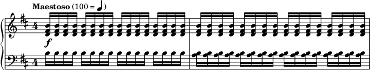\new PianoStaff <<
\new Staff \relative c''{\override Staff.TimeSignature.style = #'single-digit \time 4/4 \key b \minor <b fis d >16\f^\markup{\halign #-0.3 \bold Maestoso (100 = \note {4} #0.8)} q q q \repeat unfold 7 {q q q q}}
\new Staff \relative c' {\override Staff.TimeSignature.style = #'single-digit \clef bass \key b \minor \repeat unfold 4 {b16 b b b} \repeat unfold 4{<b a> q q q}}
>>
