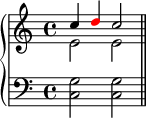 \new PianoStaff <<
\new Staff <<
\new Voice \relative c'' {
\clef treble \key c \major \time 4/4
\stemUp c4 \once \override NoteHead.color = #red d c2
}
\new Voice \relative c' {
\stemDown e2 e
}
>>
\new Staff <<
\relative c {
\clef bass \key c \major \time 4/4
<c g'>2 <c g'> \bar "||"
}
>>
>>