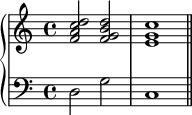 {
\new PianoStaff <<
\new Staff <<
\relative c' {
\clef treble \key c \major \time 4/4
<f a c d>2 <f g b d> <e g c>1
}
>>
\new Staff <<
\relative c {
\clef bass \key c \major \time 4/4
d2 g2 c,1 \bar "||"
}
>>
>>
}