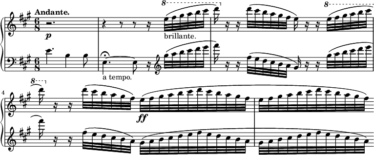 
 \relative g'' {
  \new PianoStaff <<
   \new Staff { \key fis \minor \time 6/8
    \set Score.tempoHideNote = ##t
     \tempo "Andante." 8. = 64
    r2.\p r4 r8 r r16 \ottava #1 \set Staff.ottavation = #"8" e'32_\markup { brillante. }( fis gis a b cis d16) \ottava #0 r r d,32( cis b a gis fis e16) r r \ottava #1 \set Staff.ottavation = #"8" e'32( fis gis a b cis d16) \ottava #0 r r d,32( cis b a gis fis) e\ff([ fis gis a b cis d cis b a gis fis] e[ fis gis a b cis d cis b a gis fis])
   }
   \new Staff { \key fis \minor \time 6/8 \clef bass
    e,4. b4 b8 e,4.~\fermata_\markup { a tempo. } e8 r16 \clef treble gis''32( a b cis d e fis16) \ottava #0 r r fis,32( e d cis b a gis16) r r gis'32( a b cis d e fis16) \ottava #0 r r fis,32( e d cis b a) gis([ a b cis d e fis e d cis b a] gis[ a b cis d e fis e d cis b a])
   }
  >>
 }
