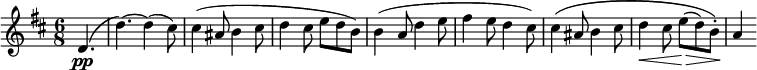 \relative d' {
\key d \major \time 6/8
\set Score.tempoHideNote = ##t \tempo 2. = 80
\set Staff.midiInstrument = "violin"
\partial 4. d4.\pp(|
d'4.)~ d4(cis8) |
cis4(ais8 b4 cis8 |
d4 cis8 e d b) |
b4(a8 d4 e8 |
fis4 e8 d4 cis8) |
cis4\(ais8 b4 cis8 |
d4\< cis8 e(\> d) b-.\) |
a4\!
}