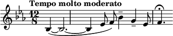  \relative c' { \clef treble \key ees \major \time 12/8 \tempo "Tempo molto moderato" \partial 8*5 bes4~\p\<( bes2.~ | bes4 ees8 f) bes4-- g-- ees8 f4.\fermata } 