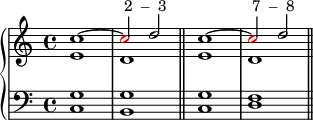 \new PianoStaff <<
\new Staff <<
\new Voice \relative c'' {
\stemUp \clef treble \key c \major \time 4/4
c1^~ \once \override NoteHead.color = #red c2^\markup { " 2 – 3" } d2
c1^~ \once \override NoteHead.color = #red c2^\markup { " 7 – 8" } d2
}
\new Voice \relative c' {
\stemDown
e1 d
e d
}
>>
\new Staff <<
\new Voice \relative c {
\clef bass \key c \major \time 4/4
<c g'>1 <b g'> \bar "||"
<c g'> <d f> \bar "||"
}
>>
>>