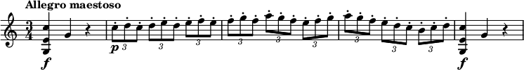 \relative c'' {
\version "2.18.2"
\tempo "Allegro maestoso"
\time 3/4
<c e, g,>4\f g r |
\times 2/3 { c8-.\p d-. c-. } \times 2/3 { d-. e-. d-. } \times 2/3 { e-. f-. e-. } |
\times 2/3 { f8-. g-. f-. } \times 2/3 { a-. g-. f-. } \times 2/3 { e-. f-. g-. } |
\times 2/3 { a8-. g-. f-. } \times 2/3 { e-. d-. c-. } \times 2/3 { b-. c-. d-. } |
<c e, g,>4\f g r |
}
