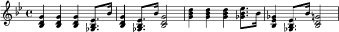{\key g \minor
\time 4/4
<bes d' g'> <bes d' g'> <bes d' g'> <ges bes ees'>8. bes'16
<bes d' g'>4 <ges bes ees'>8. bes'16 <bes d' g'>2
<g' bes' d''>4 <g' bes' d''>4 <g' bes' d''>4 <ges' bes' ees''>8. bes'16
<bes ees' ges'>4 <ges bes ees'>8. bes'16 <bes d' g'>2
}