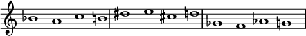 
{
\override Score.TimeSignature
# 'stencil = ##f
\override Score.SpacingSpanner.strict-note-spacing = ##t
  \set Score.proportionalNotationDuration = #(ly:make-moment 3/2)
    \relative c'' {
        \time 4/1
        \set Score.tempoHideNote = ##t \tempo 1 = 60
        bes1 a c b!
        dis e cis d
        ges, f aes g
    }
}
