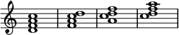 \new Staff \with {\remove "Time_signature_engraver"} {
< d' f' a' c'' >1
< f' a' c'' d'' >1
< a' c'' d'' f'' >1
< c'' d'' f'' a'' >1 }