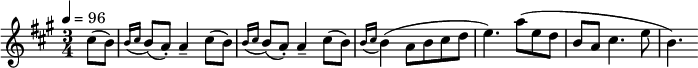 \transpose c a {
\relative c' { \set Staff.midiInstrument = #"clarinet"
\tempo 4 = 96
\key c \major
\time 3/4
\partial4 e8( d) \acciaccatura { d16 e } d8( c-.) c4-- e8( d) \acciaccatura { d16 e } d8( c-.) c4-- e8( d) \acciaccatura { d16 e } d4( c8 d e f g4.)
c8( g f d c e4. g8 d4.)
}
}
