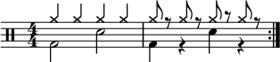 \version "2.16.2"
\header { tagline = ##f}
\score {
<<
\drums \with {midiInstrument = "drums"} \with { \numericTimeSignature } {
\repeat volta 1 {
<<{cymra4 cymra cymra cymra}\\{bd2 sne2}>>
<<{cymra8 r cymra r cymra r cymra r}\\{bd4 r sne4 r}>>\break
}}
>>
\layout {indent=0}
\midi { \tempo 4 = 100 }
}