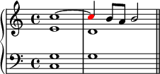 \new PianoStaff <<
\new Staff <<
\new Voice \relative c'' {
\stemUp \clef treble \key c \major \time 4/4
c1^~ \once \override NoteHead.color = #red c4 b8 a b2
}
\new Voice \relative c' {
\stemDown e1 d
}
>>
\new Staff <<
\new Voice \relative c' {
\clef bass \key c \major \time 4/4
\stemUp g1 s
}
\new Voice \relative c {
\clef bass \key c \major \time 4/4
\stemDown c1 g' \bar "||"
}
>>
>>